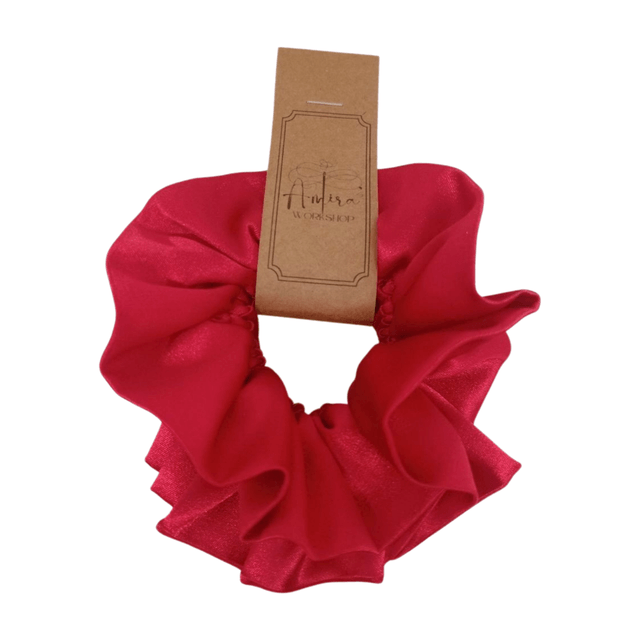 Chouchou à volants en satin upcyclé - rouge 