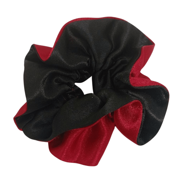Chouchou à volants en satin upcyclé - noir / rouge