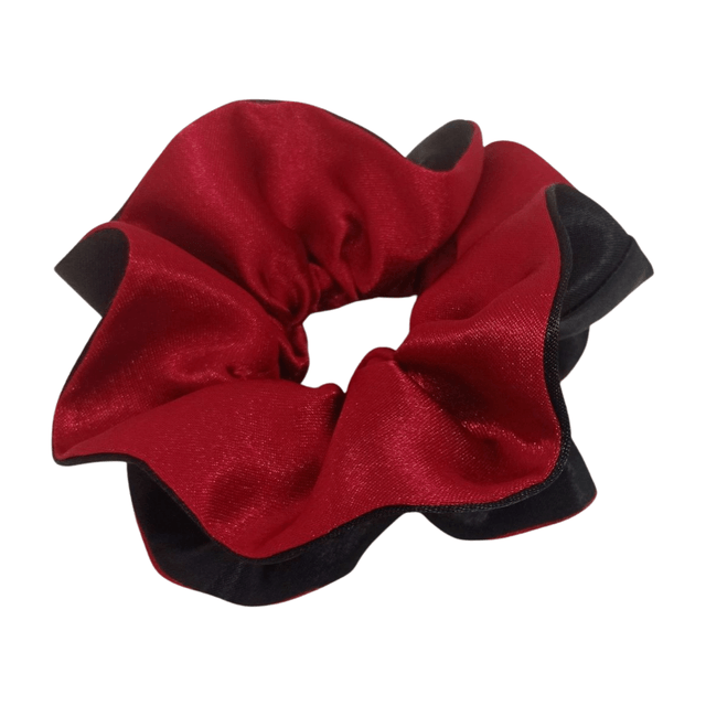 Chouchou à volants en satin upcyclé - noir / rouge