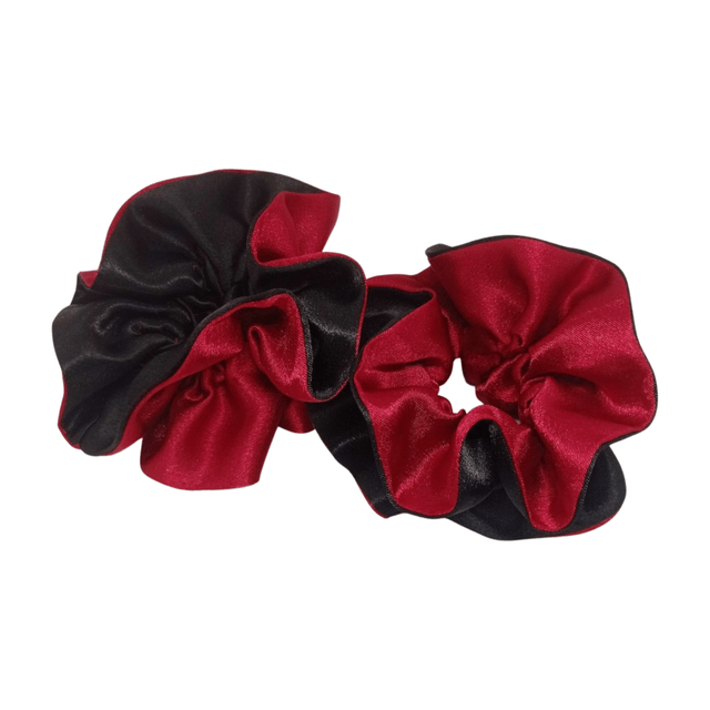 Chouchou à volants en satin upcyclé - noir / rouge