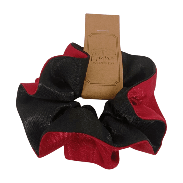 Chouchou à volants en satin upcyclé - noir / rouge